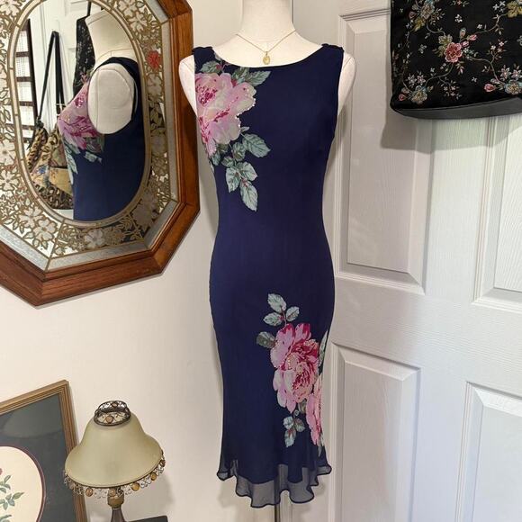 VTG 90s Robbie Bee Navy Blue Silk Pink Floral Sequin Sleeveless Cowl Back Dress - Picture 1 of 8